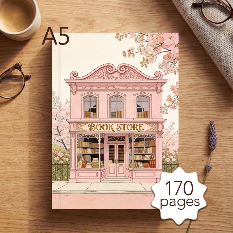1pc A5 Reading Planner Notebook, Daily Reading Journal With Pink Bookstore & Bookshelf Illustrations, 170 Pages Reading Log And 52 Book Review Templates, Stationery For Book Lovers To Record Book Notes And Quotes, Journaling Supplies