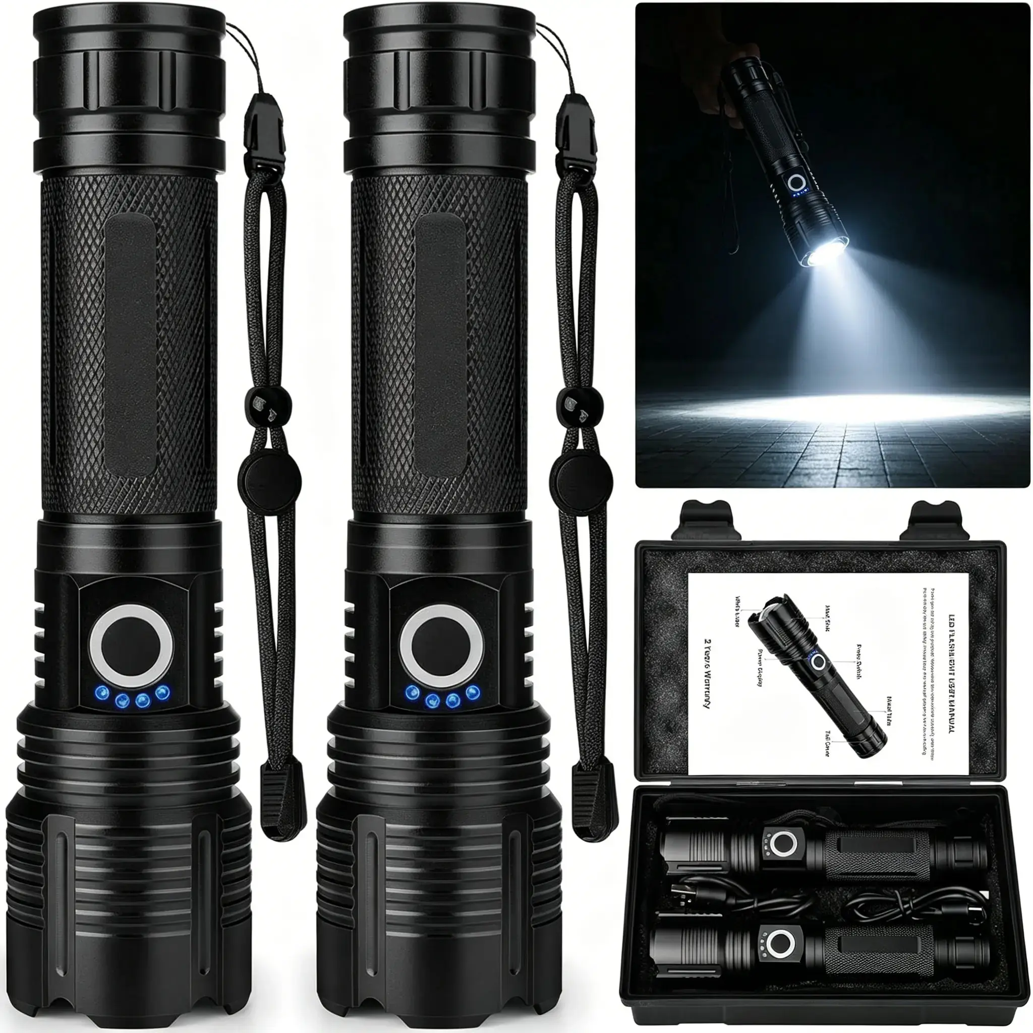 2-Pack Multipurpose Kitchen Security Aluminum Lamp - 2-in-1 Handheld USB Rechargeable LED Flashlight, 2750mAh Battery, 4-Level Brightness, Wall/Car Charger Ready, 10h High Mode Keeps You Lit Longer, for Home Emergency Night Light