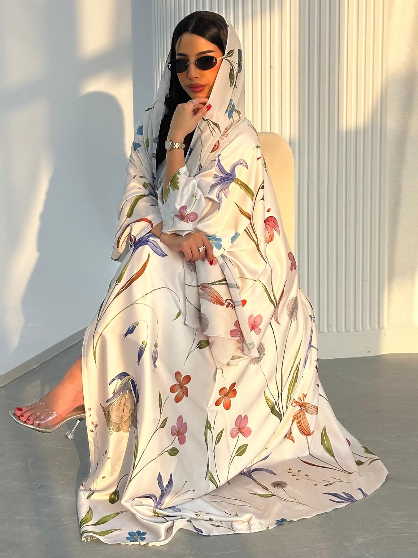 New Muslim Women's Loose Fit Open Front Robe, Printed Two-Piece Set with Headscarf, Casual Daily Wear, Comfortable and Stylish, Floral Abaya Set, Islamic Abaya, Muslim Clothing