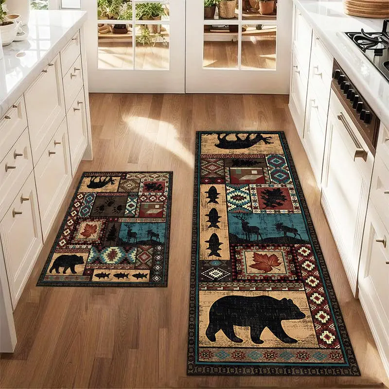 2pcs Country Cottage Rugs, Bear Deer Bohemian Vintage Style Carpet, Crystal Velvet Printed Western Rug for Bedroom Kitchen Hallway