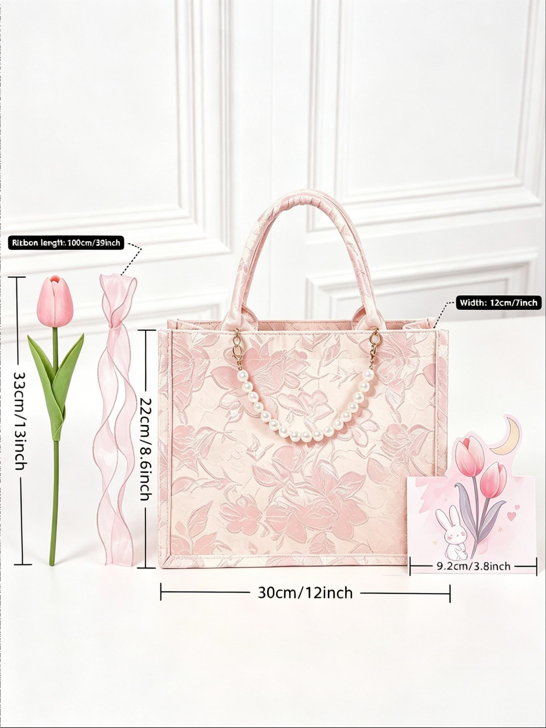 1 Set Exquisite Embroidered Gift Handbag Set with Ribbon, Tulip & Card | Vintage Floral Design Party Souvenir | Professional Gift Packaging for Festivals & Celebrations