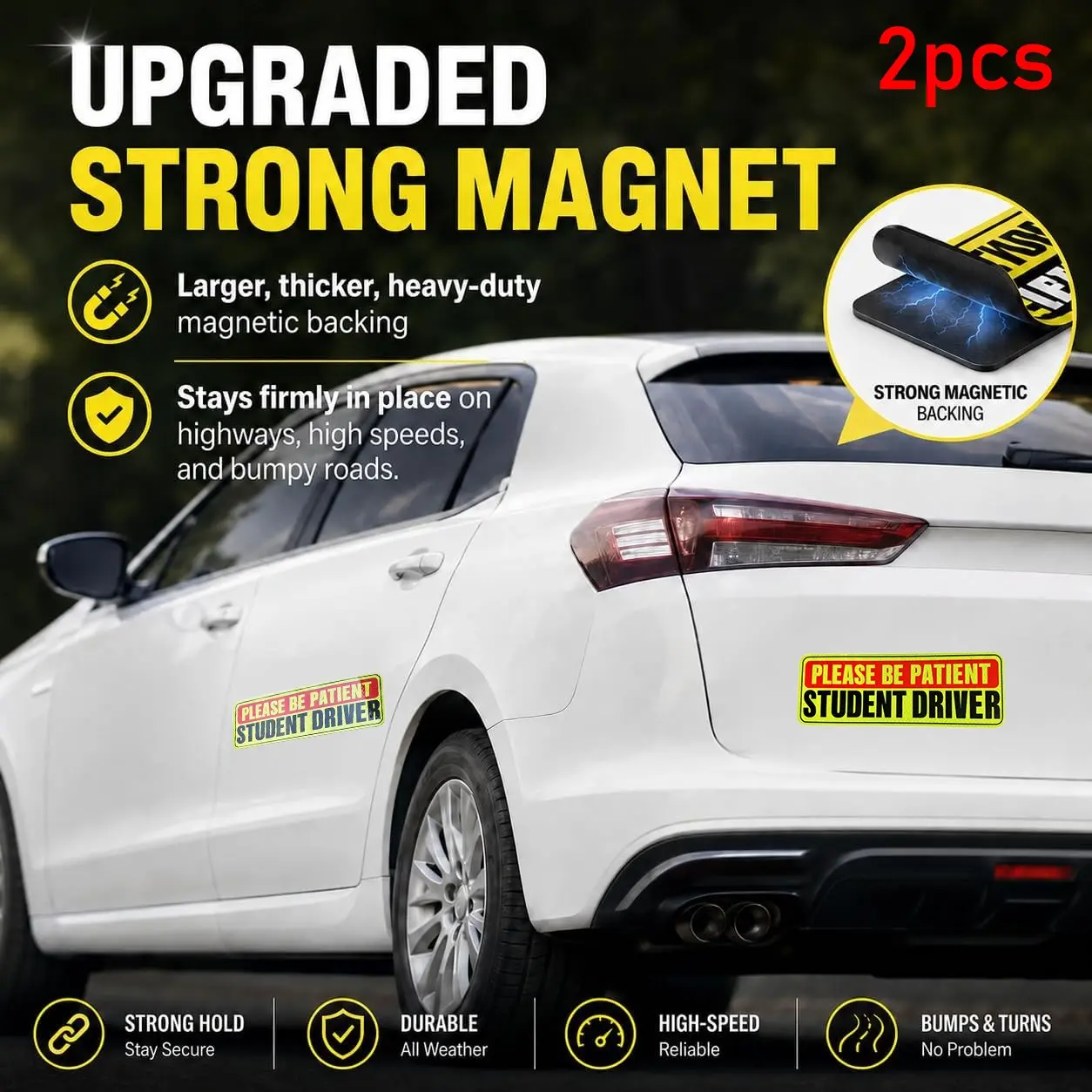 Student Driver Magnet for Car 2 Pack, Large Reflective 10x3.4 in | Please be patient new driver signs, weatherproof, stays on at highway speeds, removes clean, for teen and beginner drivers