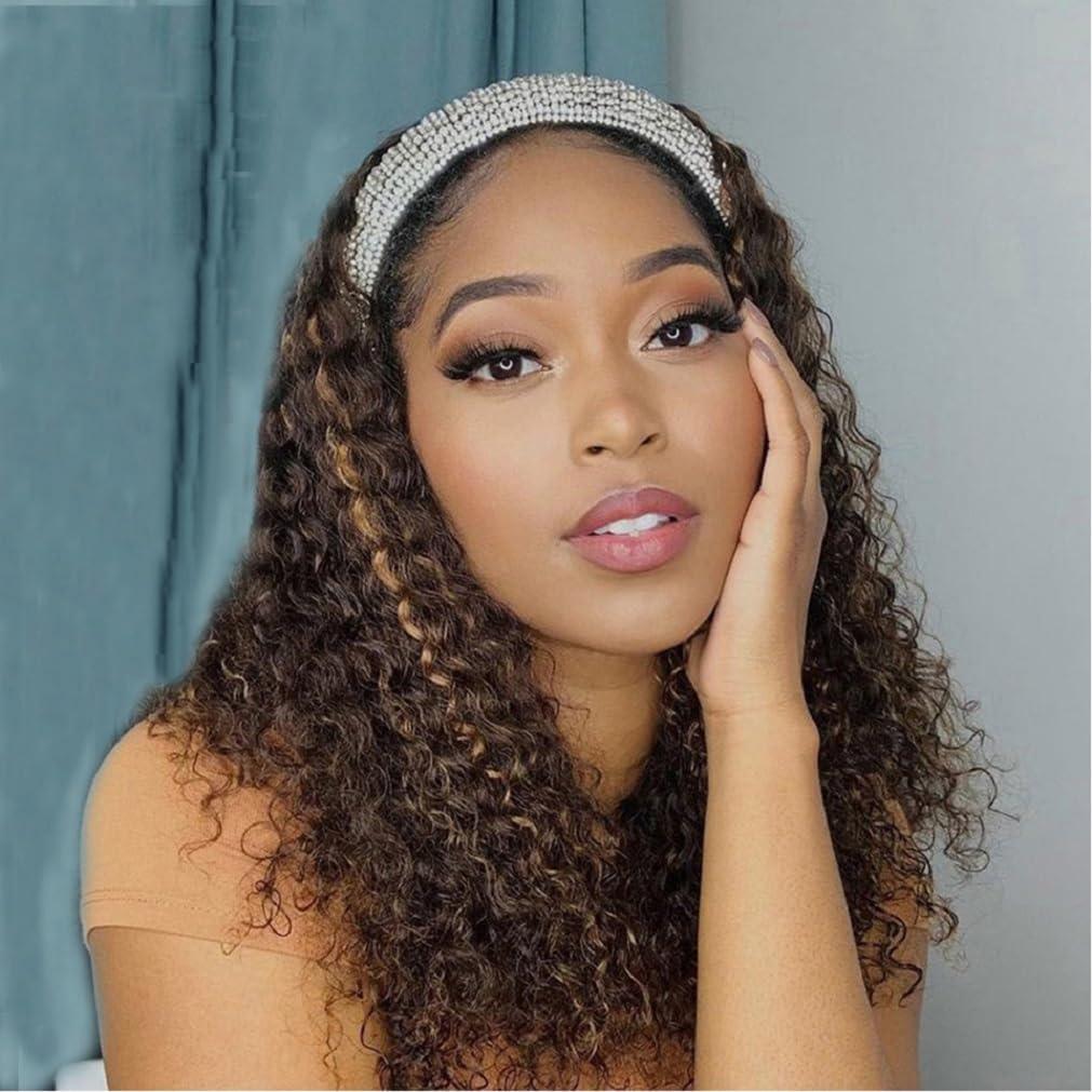 Highlight 4/27 Deep Curly Headband Wig Human Hair Glueless None Lace Wigs 180% Density Scarf Wig No Gel No Glue Full Machine Made Human Hair Wigs Wear And Go Curly Wigs for Women