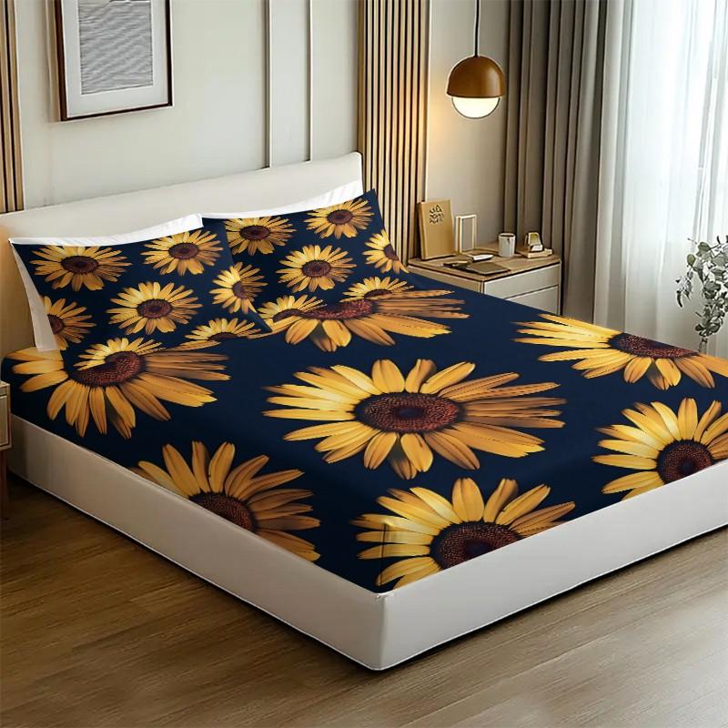 3Pcs Vibrant Sunflower Pattern Fitted Sheet Set, Modern Floral Digital Print Bedding Set, Soft and Cozy Microfiber Bedspreads, Ideal for Brightening Up Your Bedroom and Creating a Contemporary Ambiance, Includes 2 Pillowcases, No Pillow Core