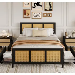 Garvee Black Rattan Bed Frame with Headboard, Boho Cane Platform King Size Bed Frame with 4 Drawers, Strong Metal Slats Support, Noise Free, No Box Spring Needed