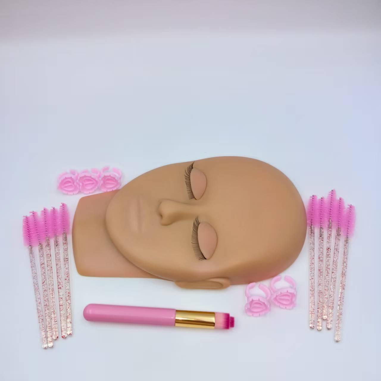 Portable False Eyelash Practice Head Model Kit, Detachable Eye Module, Small Portable Lashes Practice Model, 10 Brushes, 5 Glue Rings, Cleaning Brush