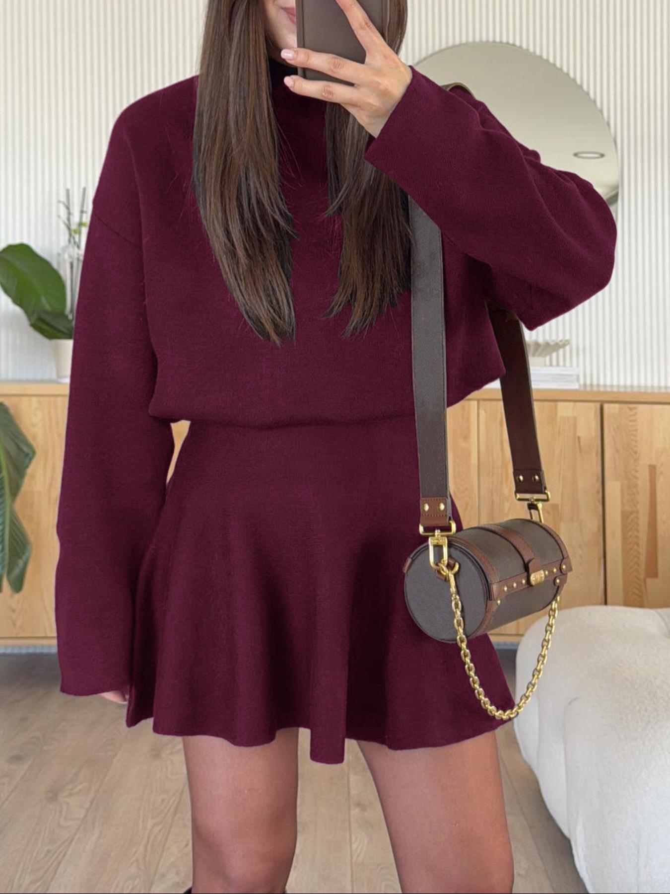 Women's Casual Mock Neck Sweater Dress, Fall/Winter Long Sleeve Solid Relaxed Fit Knit Dress