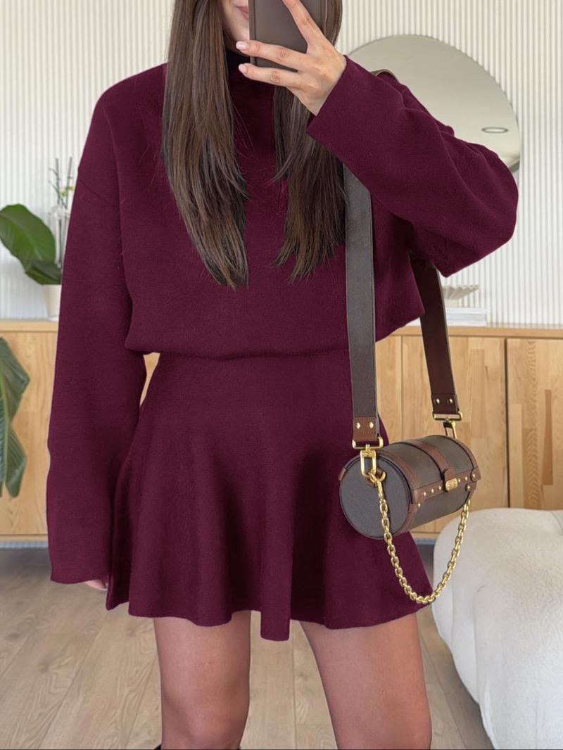 Women's Casual Mock Neck Sweater Dress, Fall/Winter Long Sleeve Solid Relaxed Fit Knit Dress