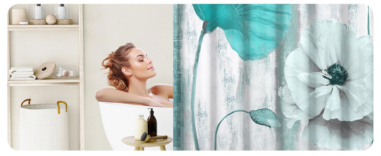 Teal Floral Shower Curtain 72x72 Inch, Boho Farmhouse Watercolor Poppy Bathroom Curtain, Washable Fabric Shower Curtain with 12 Hooks