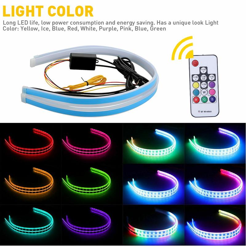 2pcs RGB 60CM LED DRL Light Car Headlight Strip Light Turn Signal Remote Control
