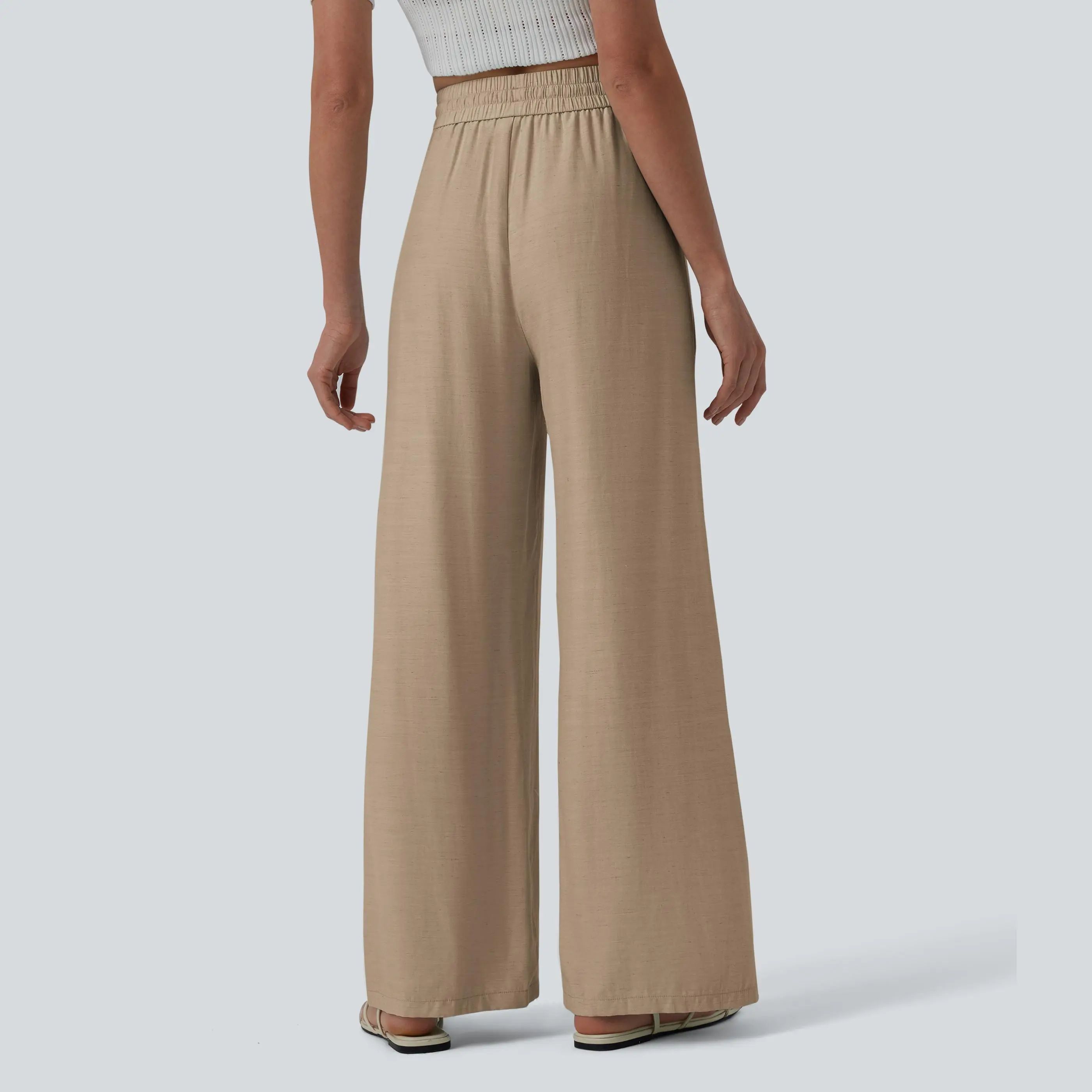 【Creator&rsquo;s Pick】Halara High Waisted Drawstring Wide Leg Casual Linen-Blend Pants with Pockets