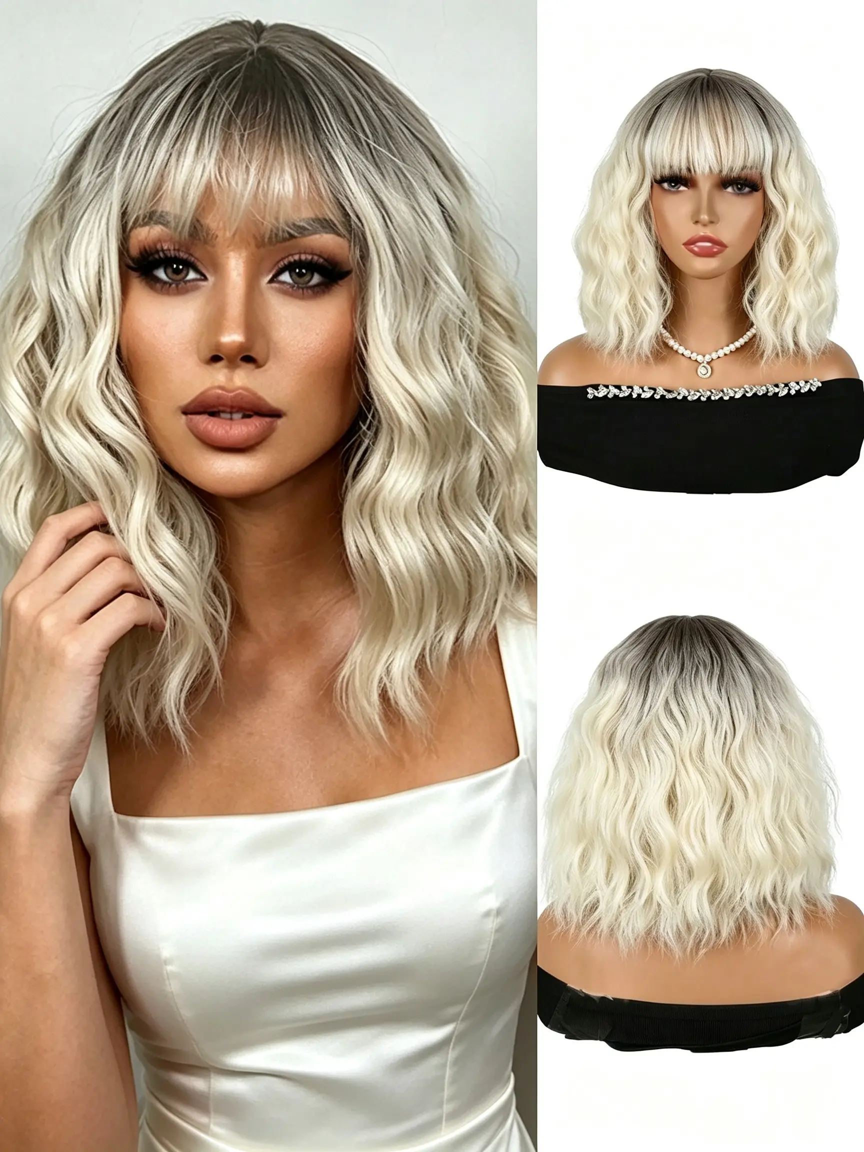 Women's Short Curly Wave Water Wave Hair Synthetic Wig with Bangs Ombre Brown Beige Color Hair Extension, Natural Look, Easy to Manage, Perfect for Women Wear Daily Party Cosplay Halloween And Christmas