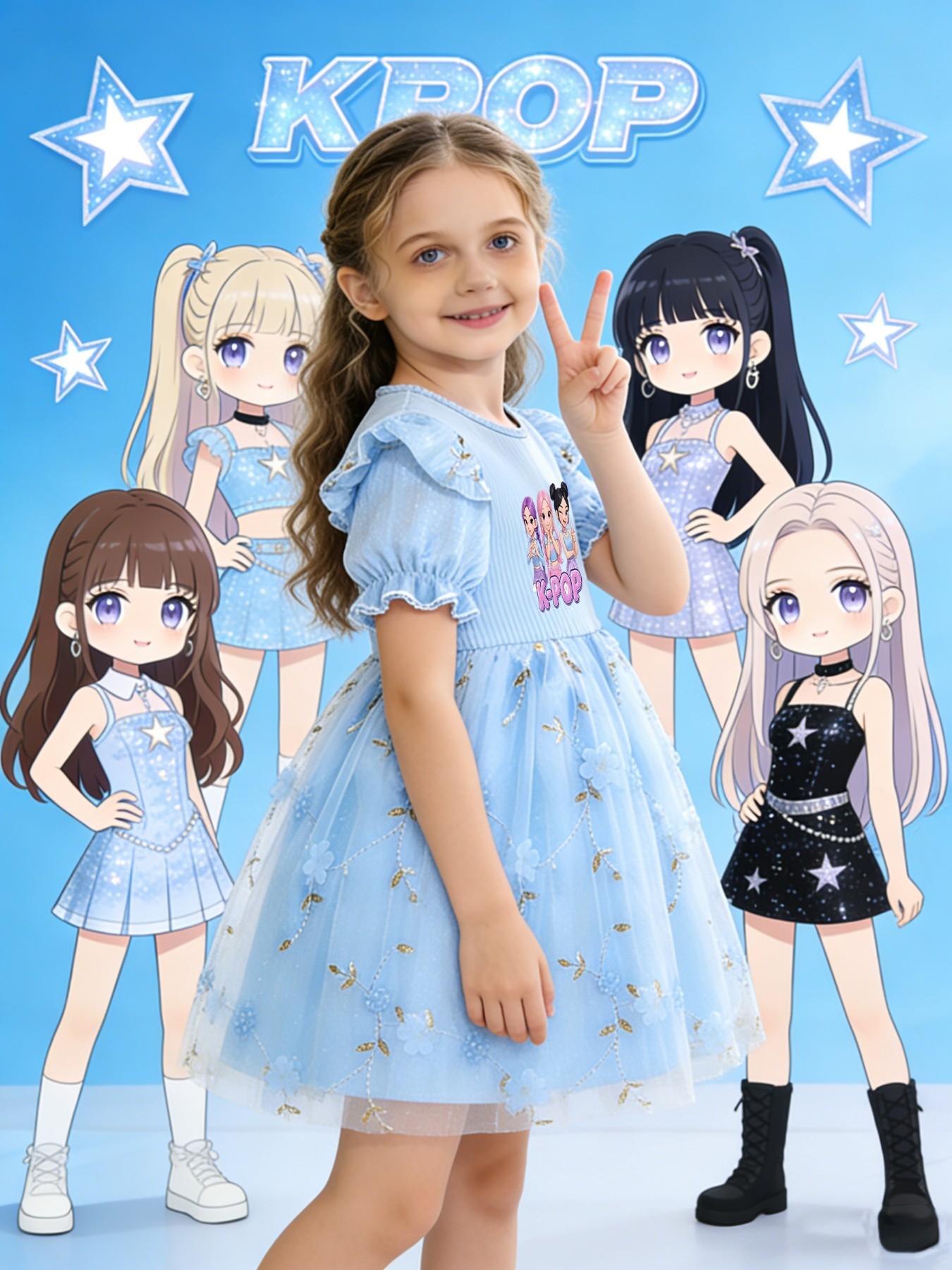 Sweet Style Girls' Dress, Flutter Sleeve Bubble Sleeve, K-Pop Print, Summer Mesh Princess Dress, Casual Fitted Butterfly Pattern