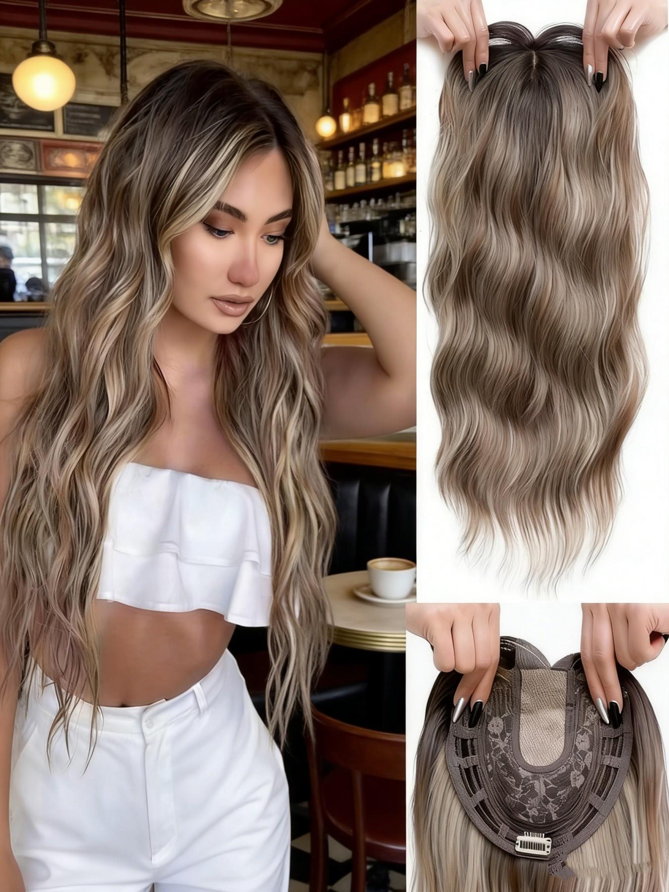 🔥 No More Bad Hair Days! 22" Dark Brown Wavy Clip-In Hair Topper, Invisible Lace Base, Premium Synthetic Hair, Seamless Blend for Thinning Hair & Instant Glam!