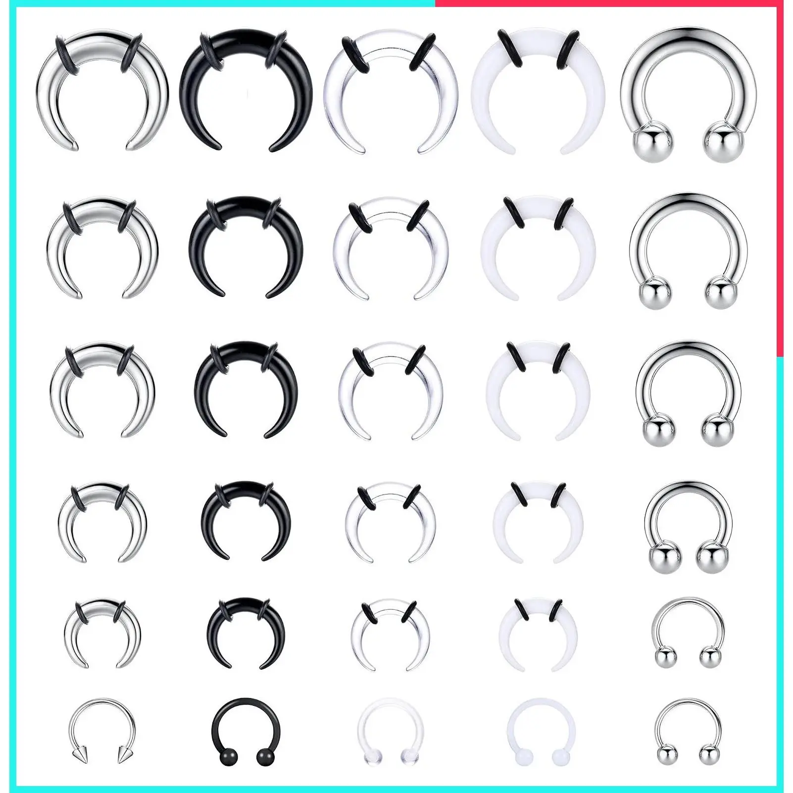 16G-6G Acrylic Stainless Steel Septum & Ear Stretching Kit with Horseshoes, Pinchers, Tapers, Rings, Internally Threaded Spike Barbells for Nose Cartilage Piercing Women Men