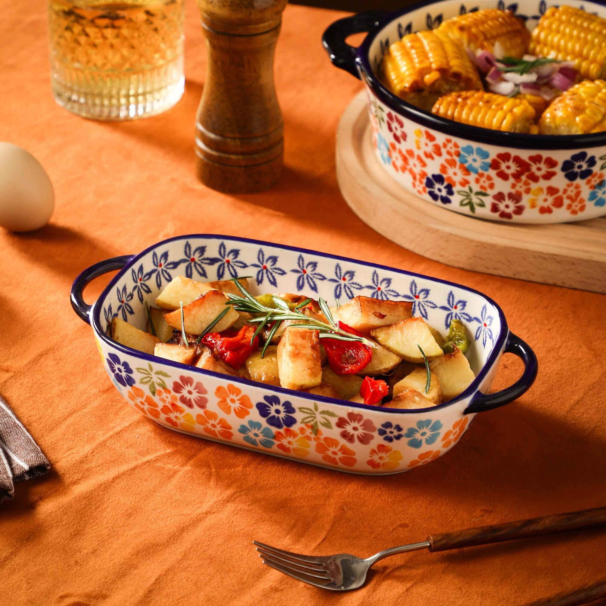 Vintage Ceramic Baking Tray, Heat Resistant Bakeware, Rectangle Fruit Bowl & Cheese Baked Rice Serving Dish, Ideal for Oven & Microwave Use at Home, Thermal Casserole Dish