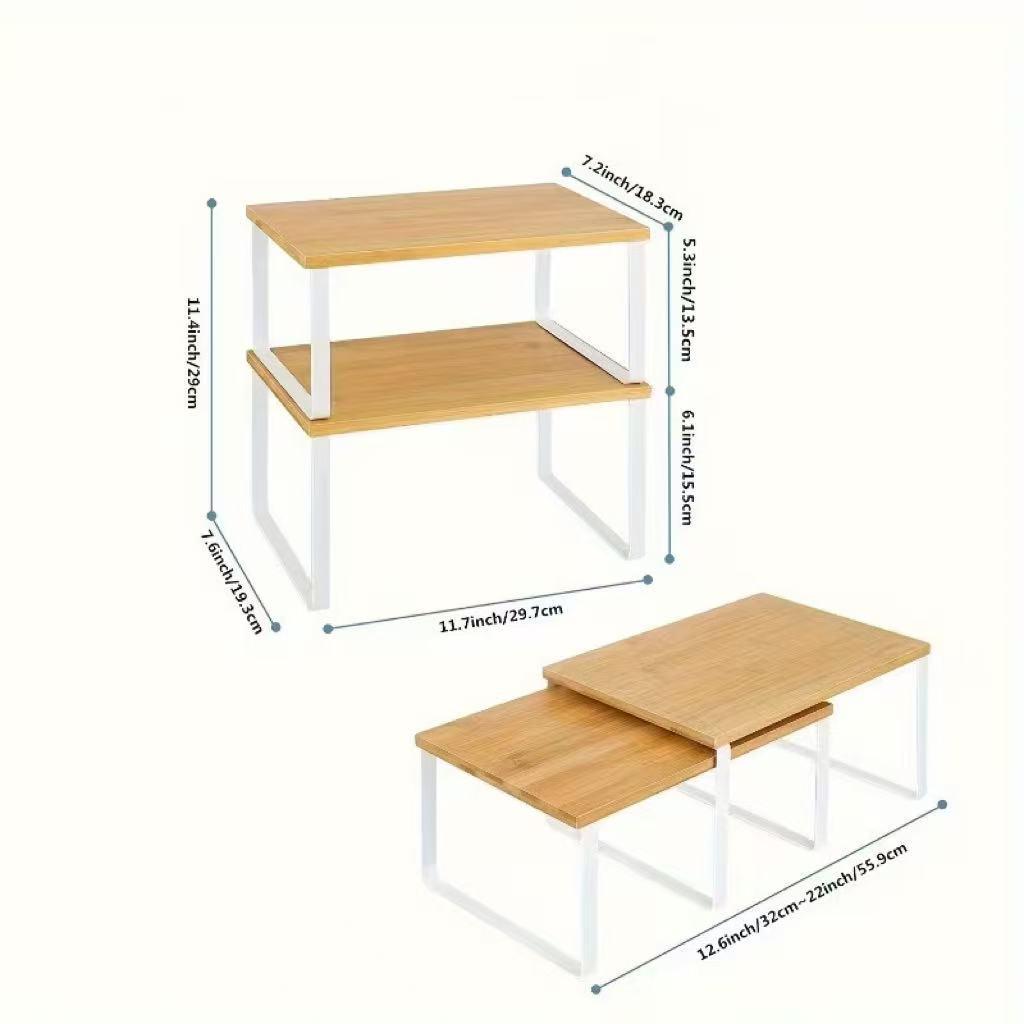 Wooden & Carbon Steel Kitchen Cabinet Organizer Set, Stackable Multi-Functional Storage Shelves, Non-Food Contact Safe Material