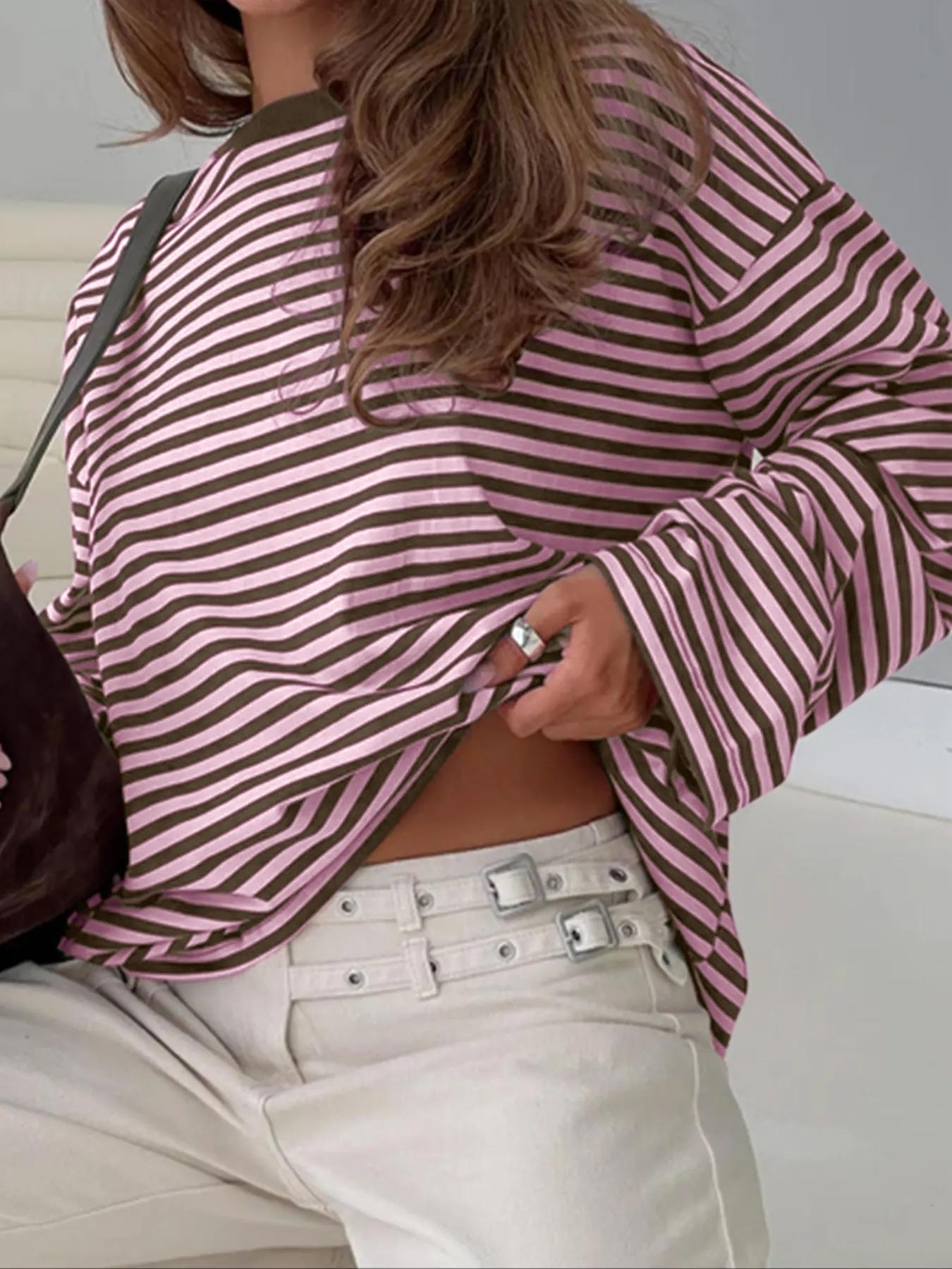 Women's Striped Long Sleeve Loose Top, Casual Versatile Blouse, Stylish Ladies' Fashion Shirt, Perfect for Daily Wear & Layering