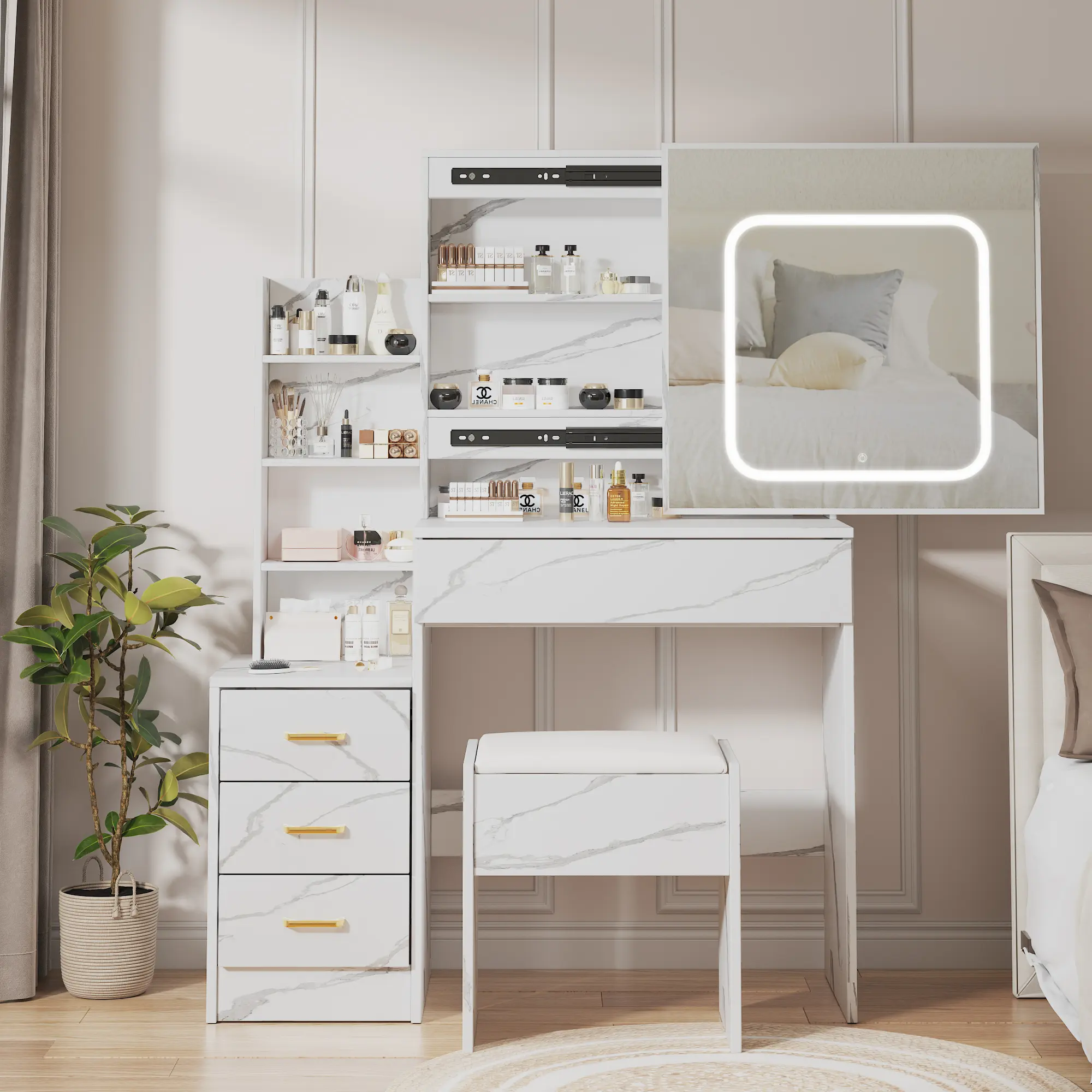 Modern Vanity Desk with Sliding Mirror and LED Lights, 4 Drawers, Storage Shelves, Built-in Power Outlet, Cushioned Stool – Space-Saving Bedroom Makeup Table with Adjustable 3-Color Lighting, Multiple Colors