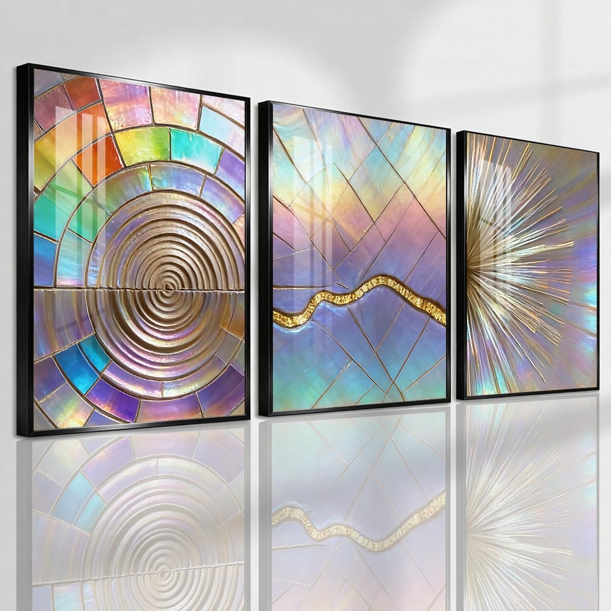 3 Counts Aluminum Alloy Framed Painting, Iridescent Abstract Geometric Art, Home Decoration For Living Room, Bedroom, Office, Restaurant, Hallway Wall Decor, Odorless Print Artwork, Luxury Perfect Gift For Friends And Family