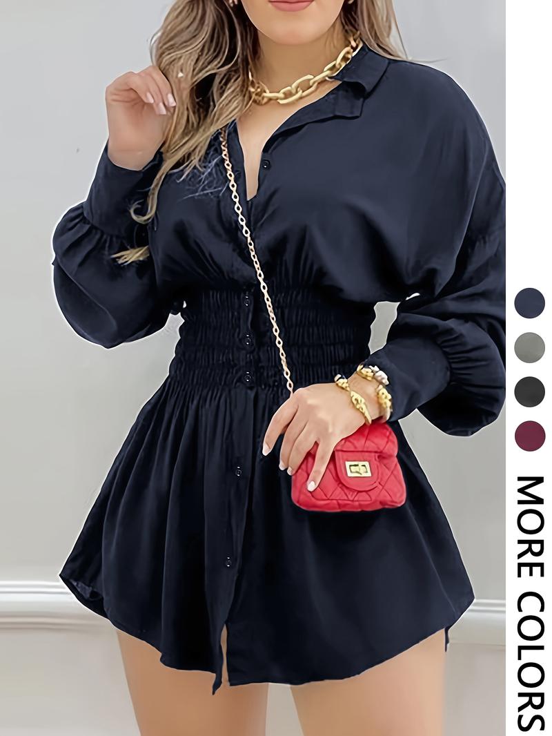 Women's Fashion Solid Color Long Sleeve Dress with Shirred Waist, Elegant Casual Style, Perfect for Spring & Fall