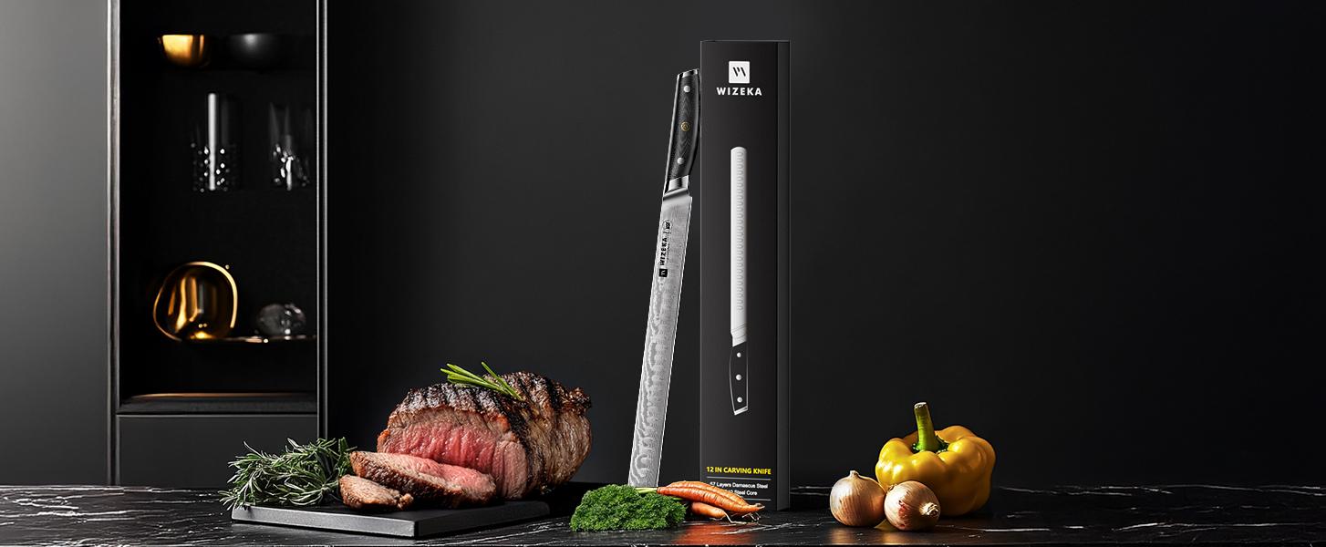 WIZEKA Brisket Knife，Ultra Sharp 12 Inch Damascus Slicing knife，Full Tang Carving Knife for Meat Cutting with G10 Handle，BBQ Knife，Great for Slicing Roasts, Meats, Fruits