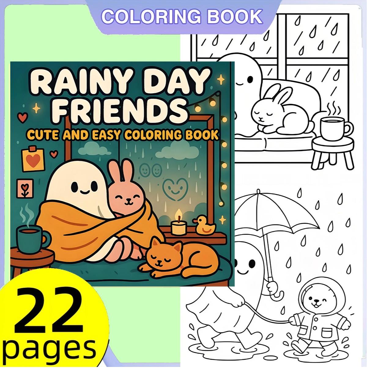 Bold & Easy Rainy Day Friends Cute & Cozy Coloring Book for Kids & Adults, 22 Coloring Pages on 120gsm Thick No Bleed Paper, Odorless Glue Binding, Stress Relief Easy Coloring for All Ages
