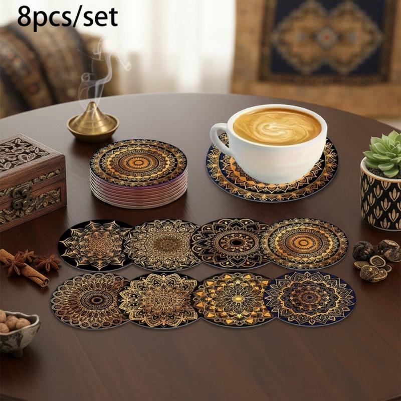 8-Piece Golden Mandala Wooden Coasters - Absorbent and Durable, Ideal for Coffee, Tea, and Beverages | Perfect Home and Restaurant Decor | Ideal Graduation Gift