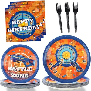 96 Pcs Dart War Plates and Napkins Party Supplies Dart War Themed Birthday Tableware Set Blue and Orange Party Decorations Favors for Kids Boys' Birthday Baby Shower Serves 24