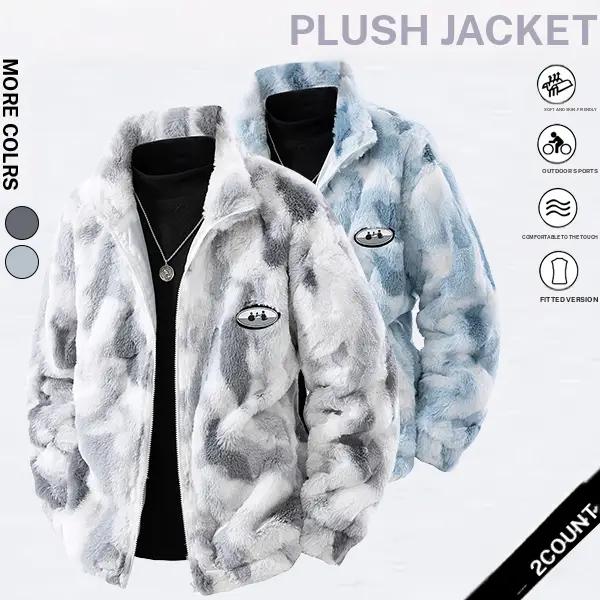 Men's Friendship lasts forever chest badge Thickened warm plush jacket, Warm Windproof Coat with Pockets, Casual Fall & Winter Outerwear, Long Sleeve Zipper Design Menswear