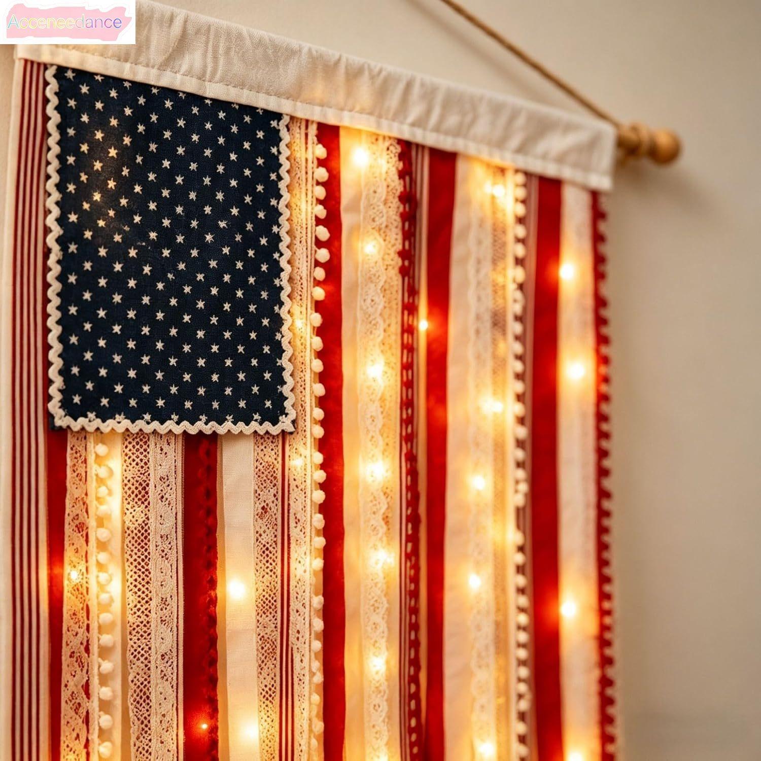 Lighted American Rag Flag Banner With LED Fairy Lights, 4x2.3 Ft Rustic Patriotic Tassel Garland For 4th Of July Decoration, Aesthetic Americana Wall Hanging For Porch Yard Party, Independence Day Celebration Home Decor 250th Anniversary