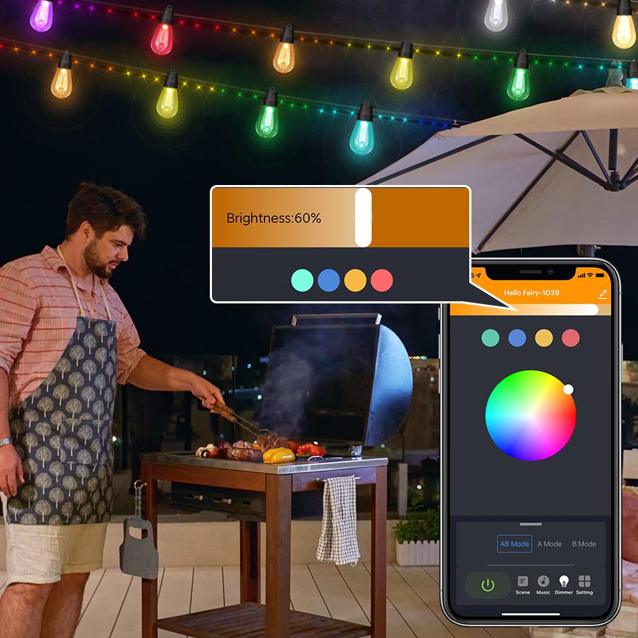 Smart Outdoor Patio Lights - 46ft Smart S14 Independence Day String Lights, Waterproof Shatterproof Bluetooth APP Remote Control Dimmable for Balcony, Backyard, Party, Holiday (RGB & Warm White)