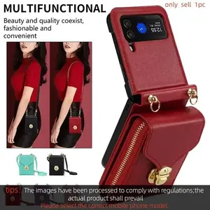 Lanyard Leather Zipper Wallet Card Slot Phone Case for Samsung Galaxy Z Flip 6 5 4 3 Lanyard Purse Bag Flip Stand Cover Back Bag Zipper Card Holder