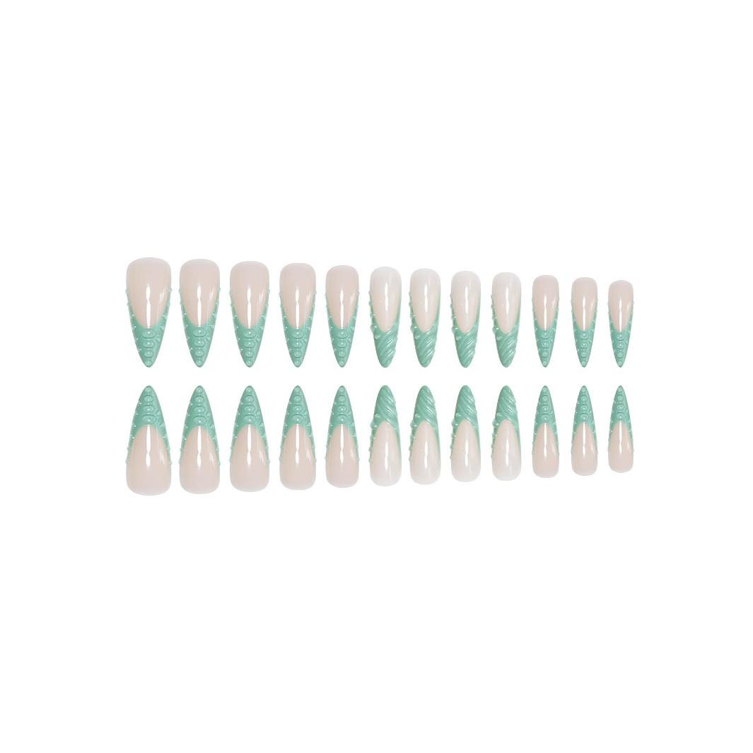 24 Pcs 3D Turquoise Almond Nails, Dragon Scale French Tip Design, Rhinestone Decor, Glossy Gel False Nails, Reusable, Free Jelly Glue & Nail File