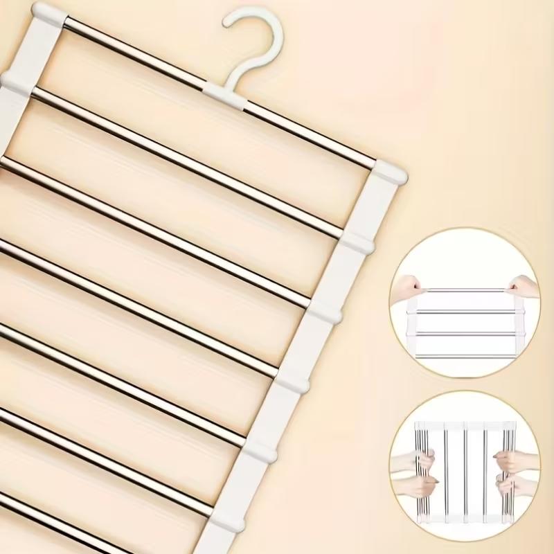 4pack Foldable Multi-Layer Pants Hanger, Stainless Steel Non-Slip Closet Organizer, Space Saving, Adjustable Shelves and Hooks, Durable Plastic Structure