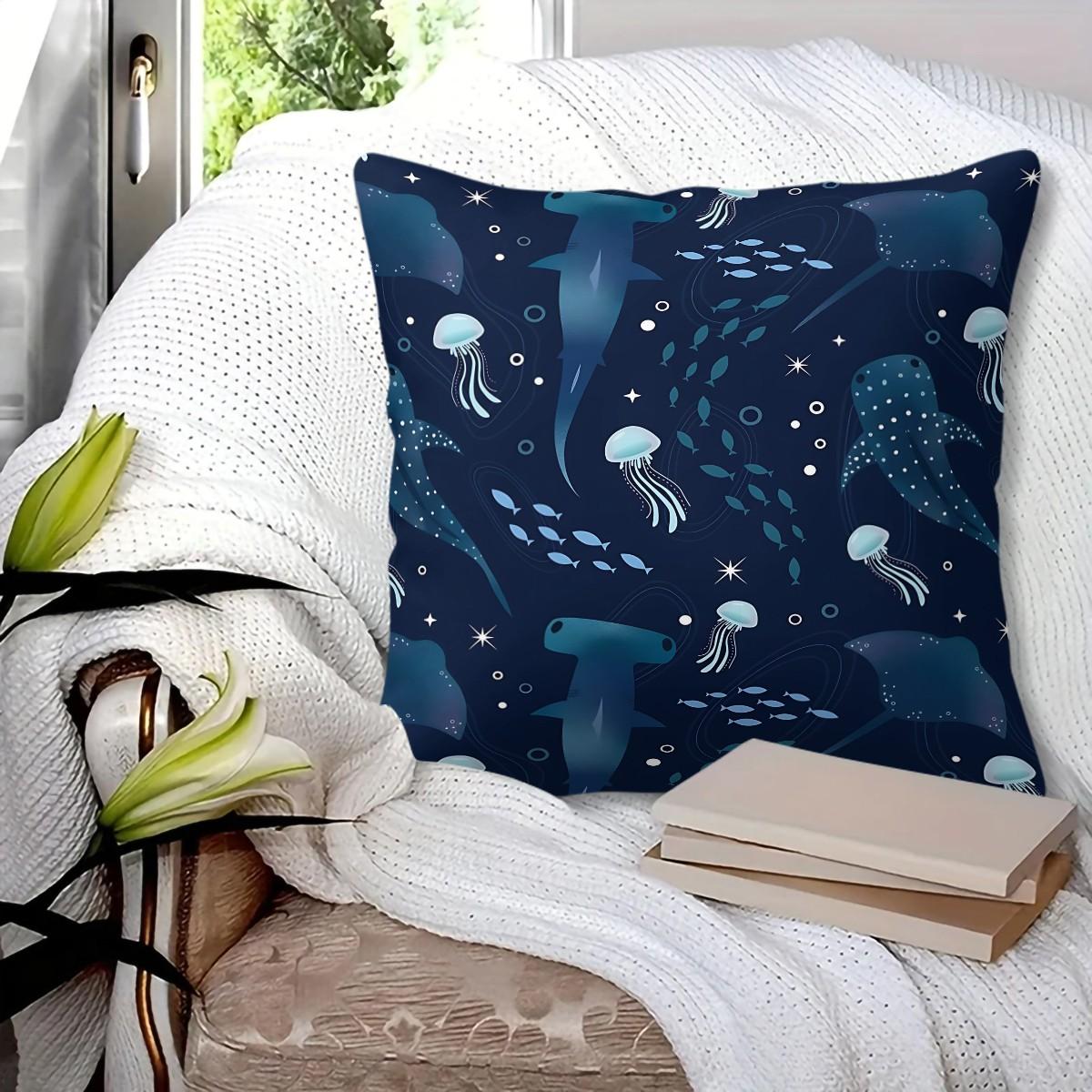 Deep-Sea Creature Patterned Throw Pillows, a Lively Hammerhead Shark and Jellyfish, 45cm Square and Include a Pillow Insert. Perfect Choice for Ocean-Themed Decor, Offering Soft Comfort and an Ideal Addition to Sofas and Bedrooms.