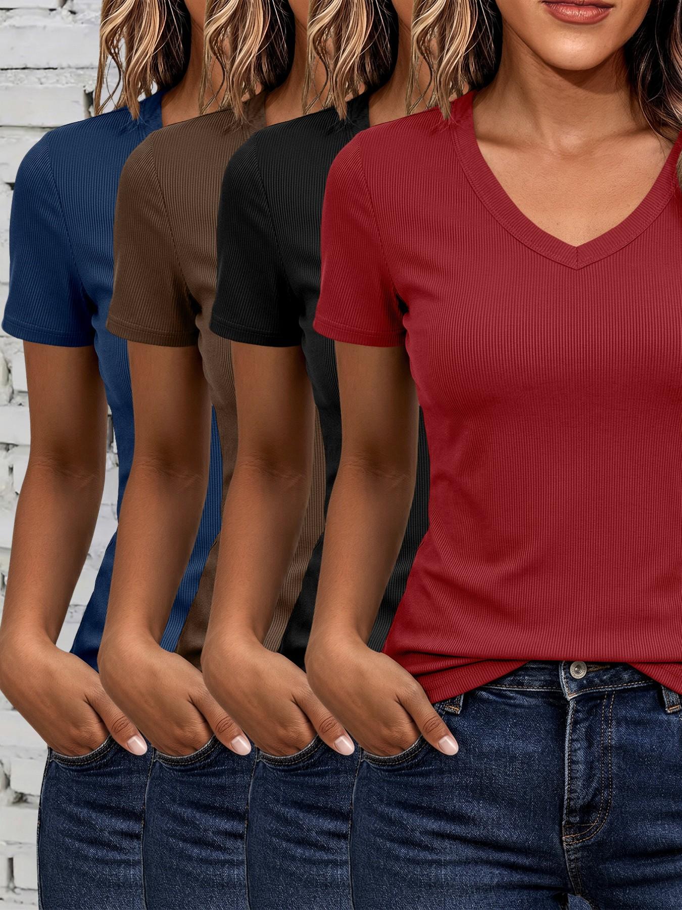 Women's Ribbed V-Neck Short Sleeve T-Shirt Casual Stylish Tee 4-Piece Set, Elegant Fitted Solid Top, All Seasons Wear, Plain Surface, Unlined