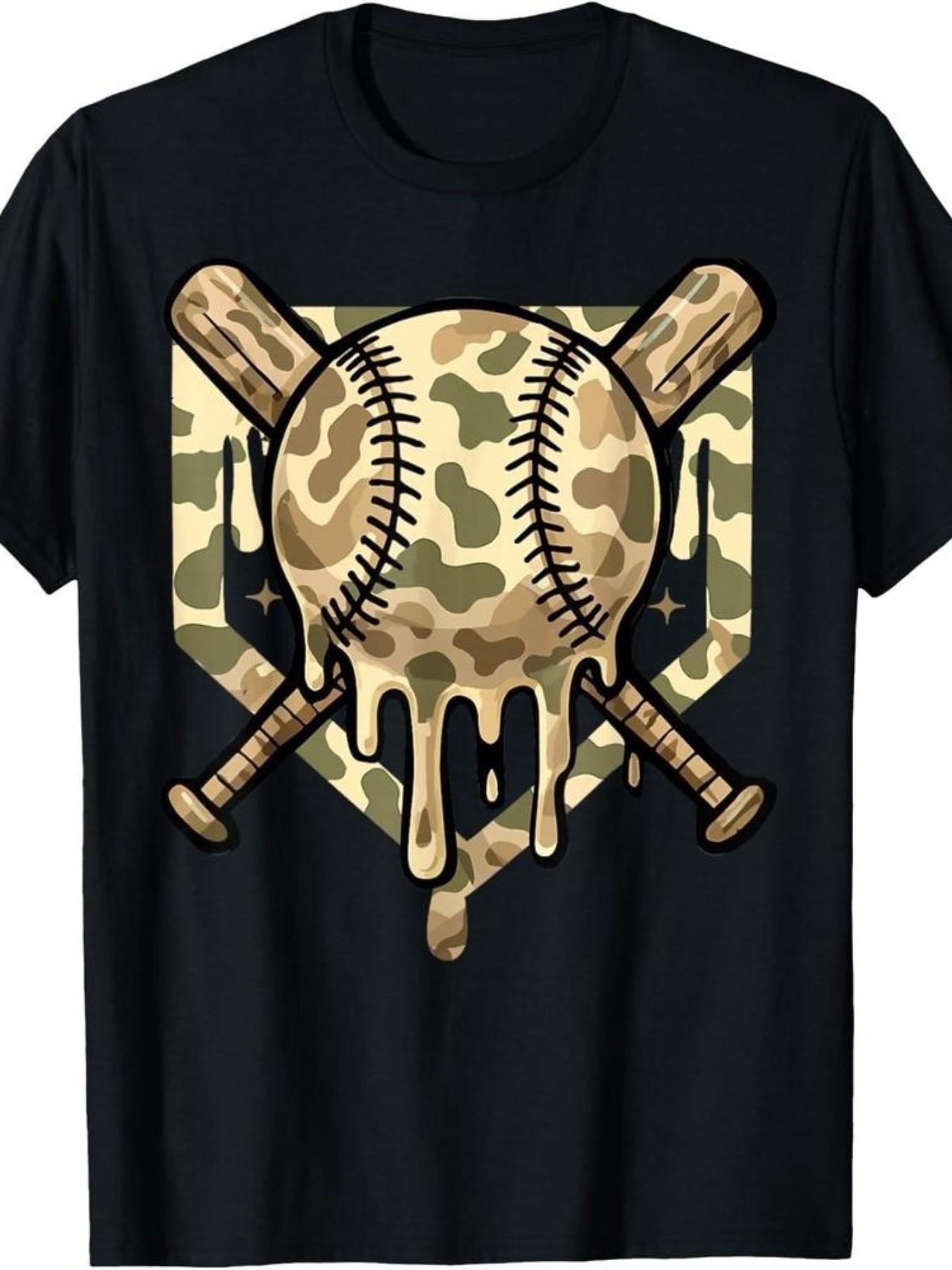 Baseball Style Ice Cream Drip Color Boy Pattern Camo T-Shirt, Fashion Casual Clothing, Ideal Gift for Sports Enthusiasts & Teens