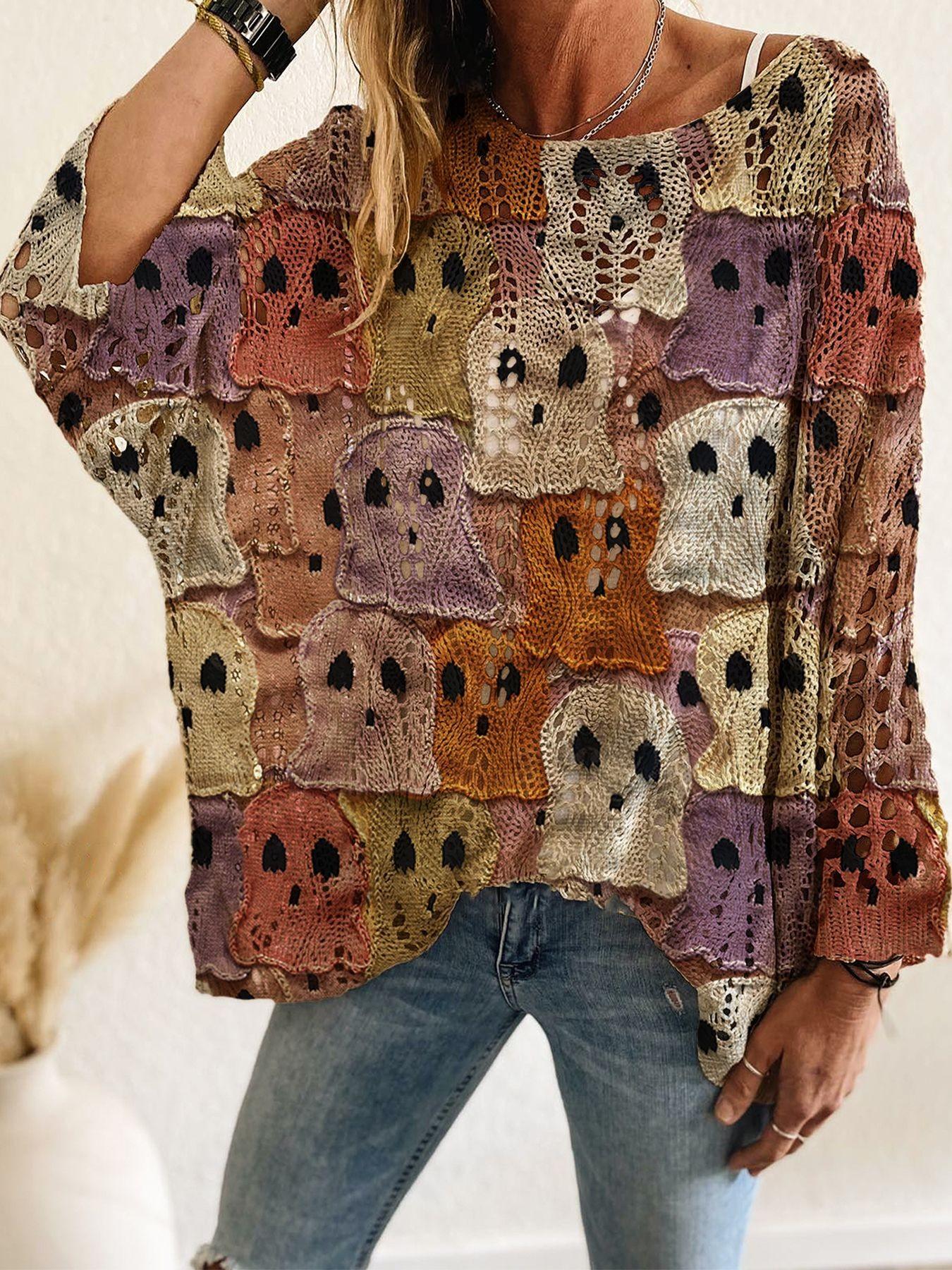Women's Halloween Pumpkin Print Long Sleeve Knitted Top, Casual Style, Loose-Fit Batwing Sleeve Sweater, Summer & Fall Wear, Ladies Knitwear, Graphic Pullover, Womenswear