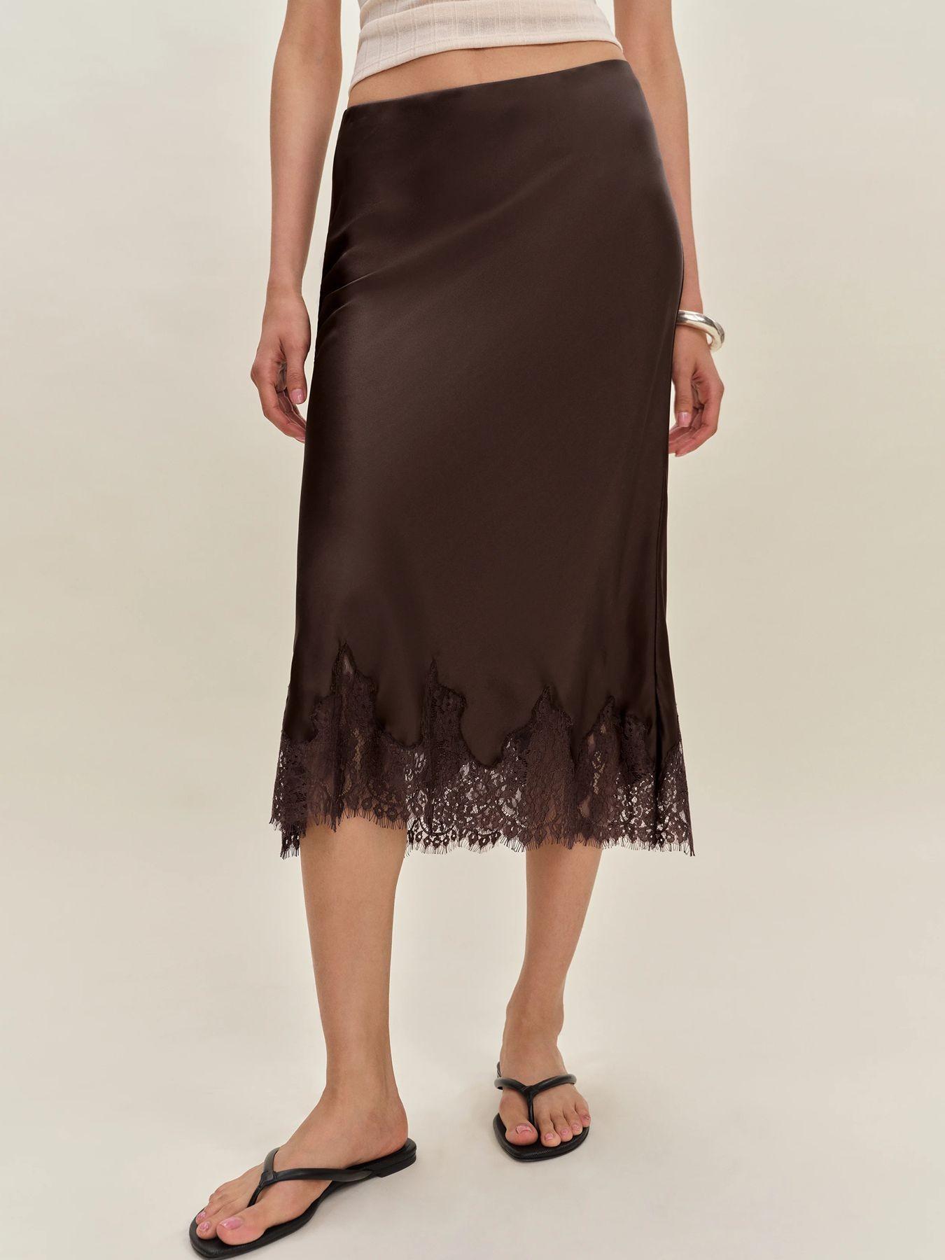 Women's Summer Spring Satin Lace Patchwork High-Waisted Skirt, Long Fitted A-Line Fashion Dress, Ideal for Daily Travel Wear, Lace Trim Skirt