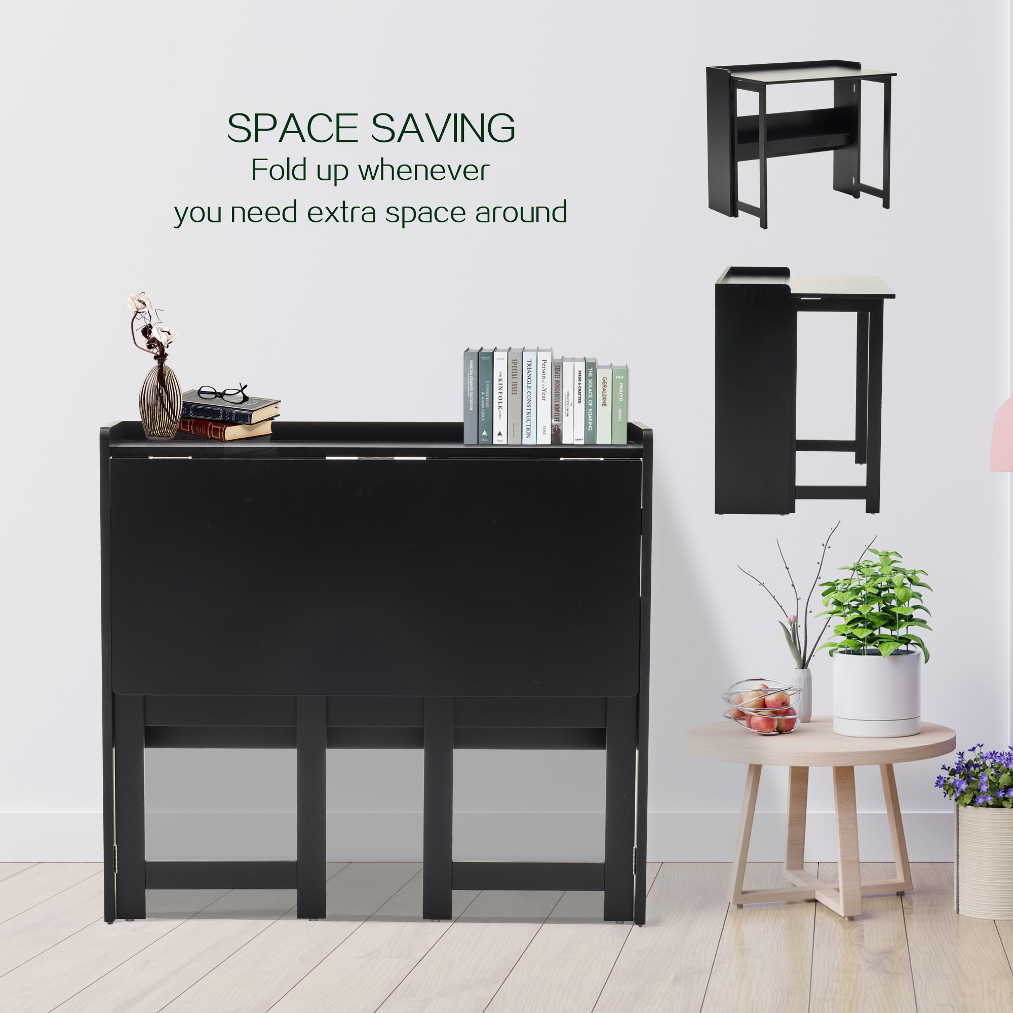 Space Saving Foldable Computer Desk with Storage Shelf Particleboard Metal Frame 9.4 Inch Thin Folded Multi Functional Writing Study Workbench Easy Clean for Small Space Bedroom Dorm Home Office
