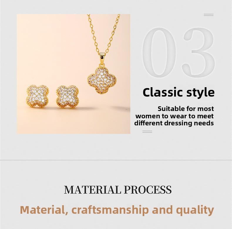 Shiny Pearl Copper Earrings and Necklace Set, Brushed Four-leaf Clover, Non-fading, Women's Light Luxury High-end Cross-border Jewelry