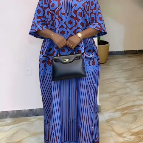 Women's Plus Size African Ethnic Printed Dress, V-Neck Loose Fit Pockets Dress with Scarf, Suitable for Daily Wear, Parties, Gatherings and Vacation