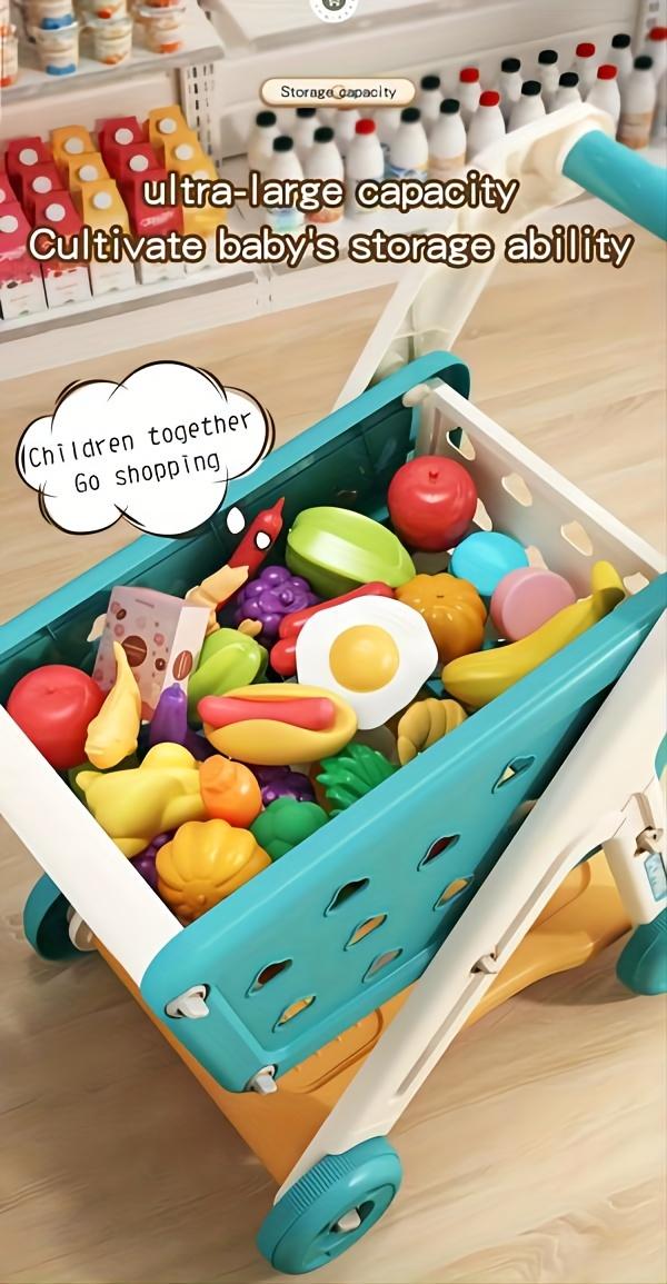 26pcs Kids Shopping Cart Trolley Play Set with Pretend Food and Accessories, Perfect Birthday Gifts for Ages 3+ Pretend Play and Role-Playing Games