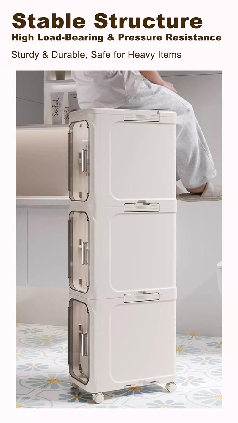 Slimline Storage Box Clear View Door Magnetic Latch Collapsible No Installation Mobile Wheels Space Saver Organizer