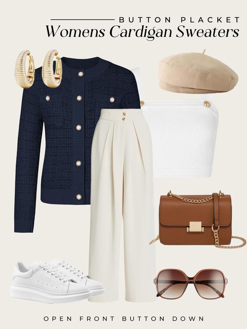 GRACE KARIN Womens Open Front Button Down Long Sleeve Texture Knit Cardigan Sweaters with Pockets