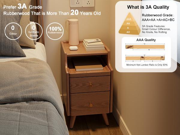 Elegant Small Nightstand, Solid wood - No MDF, Space-Saving Bedside Table with Drawers