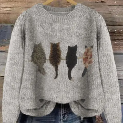 【Black Friday】Women's Cat Print Drop -Shoulder Soft Knitted Sweater, Casual Long-Sleeve Round-Neck Loose Fit Jumper for Fall & Winter, Fashion Ladies' Knitwear for Daily Wear