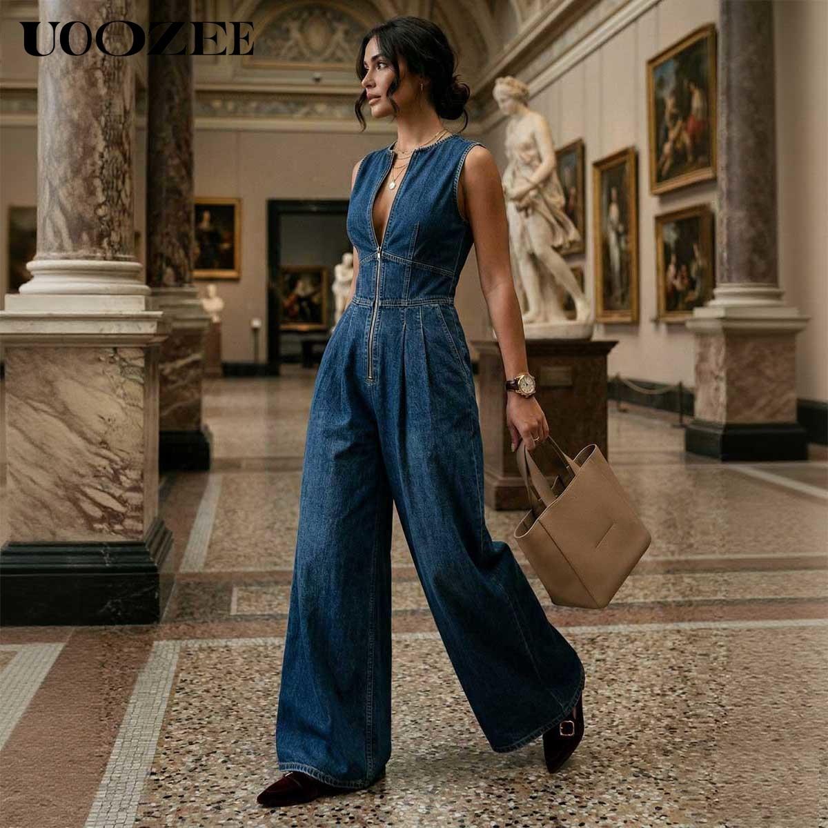 UOOZEE Women's New Summer Vintage Sleeveless Denim Wide Leg Jumpsuit, High Waist Front Zip Denim Overalls with Pockets, Zip Front Casual Jumpsuit for Tall Women(One Size Up Recommended for C - Cup and Above),summervibes