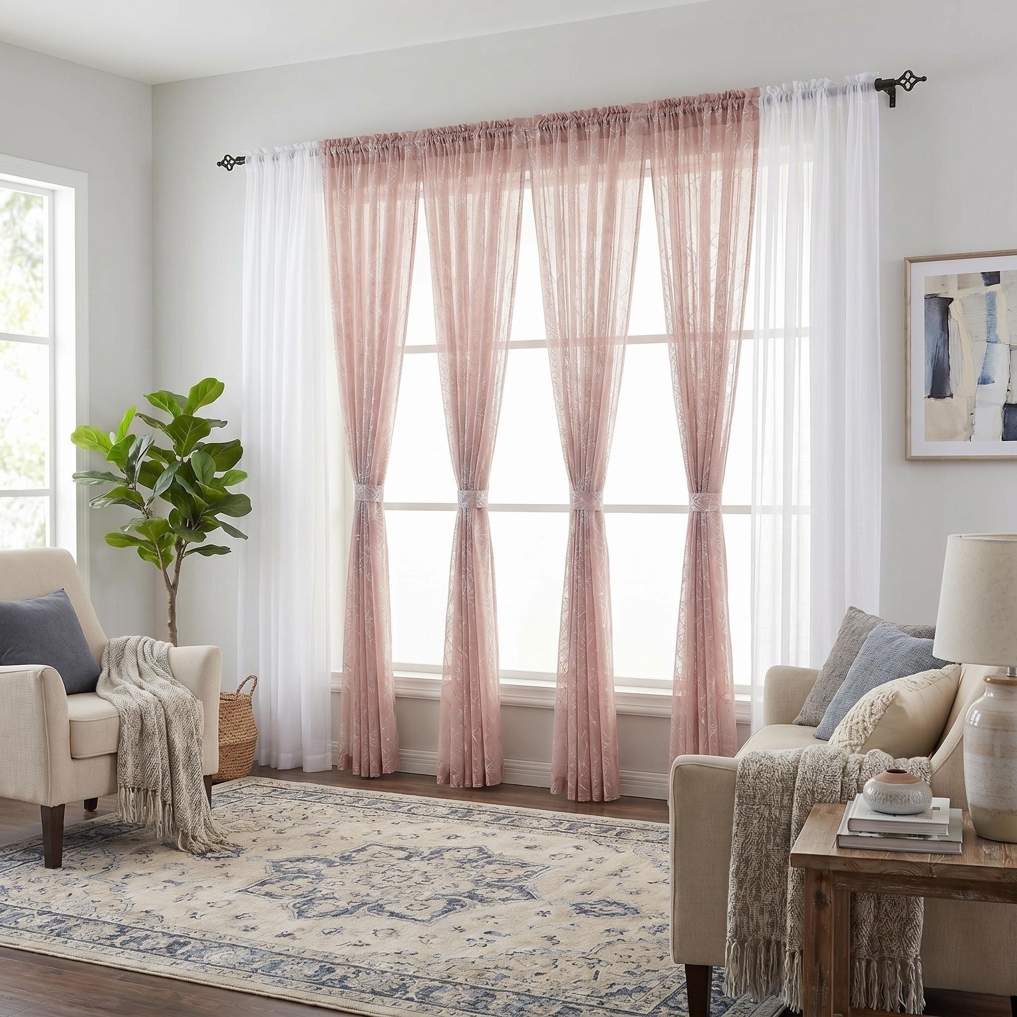 6-Panel Rod Pocket Window Drape Set (52"x84") - Durable, Dustproof, Breathable, Anti-Shrink, Fade-Resistant Flat Weave, 4 Foil Silver Metallic Sheers, 2 Linen Texture Chenille Semi-Sheers, Easy Installation, for Bedrooms/Living Rooms (FT5001 L39), Rust